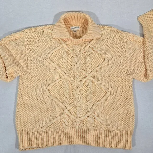 Vintage JW ROBINSON'S 90 Yellow Cotton Chunky Cable Knit Fisherman Sweater SizeM - Picture 9 of 17